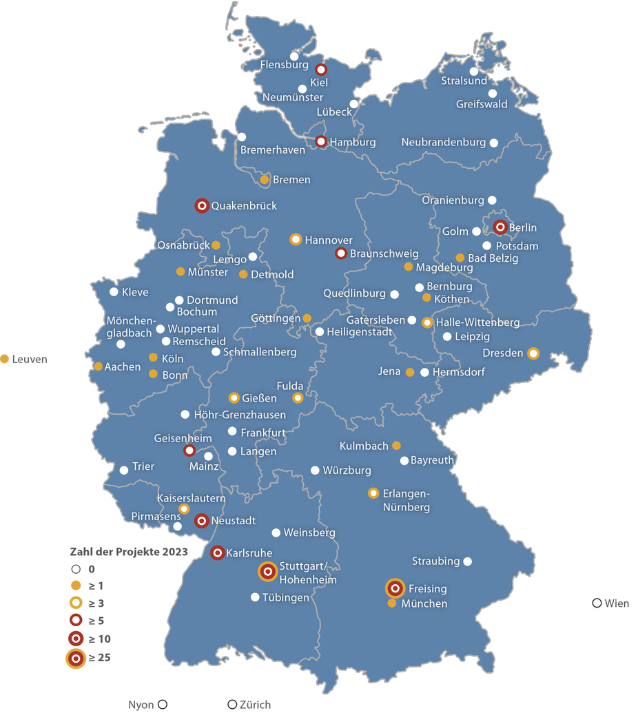 Forschungsstandorte mit Zahl aktuell laufender FEI-Projekte (2023)