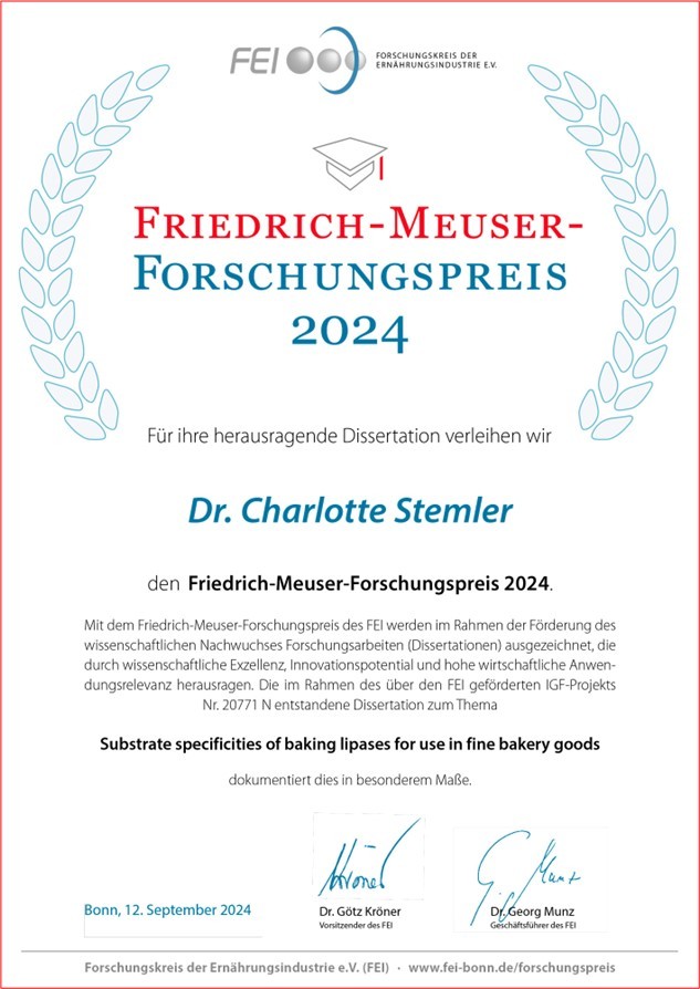 Urkunde Friedrich-Meuser-Forschungspreis 2024 von Dr. Charlotte Stemler